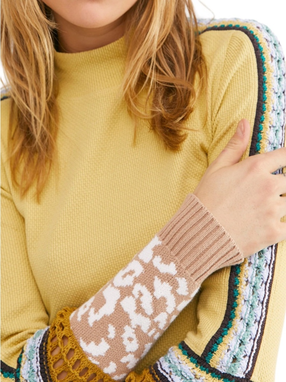 Free People Switch It Up Top Womens M Yellow Thermal Knit Crochet Sleeve Boho - Picture 2 of 7